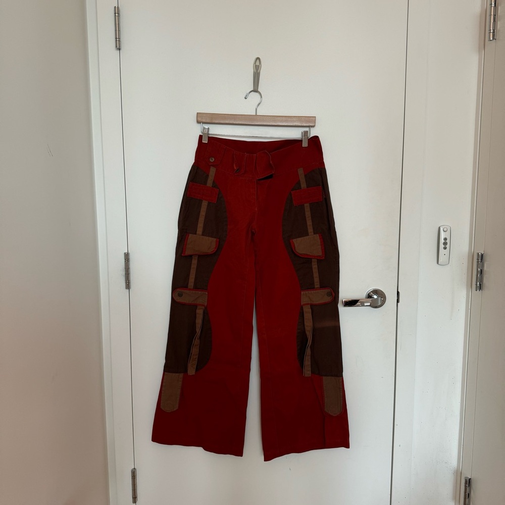 BROWN RUST AND TAN CARGO POCKET LOW RISE WIDE LEG RAVE FESTIVAL HIPPY PANT - Picture 3 of 6